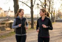 Two women jogging and smiling at each other on a sunlit park path lined with trees in autumn.