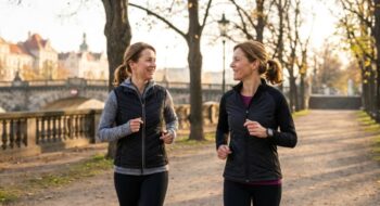 Two women jogging and smiling at each other on a sunlit park path lined with trees in autumn.