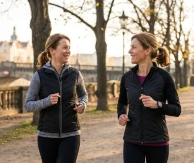 Two women jogging and smiling at each other on a sunlit park path lined with trees in autumn.
